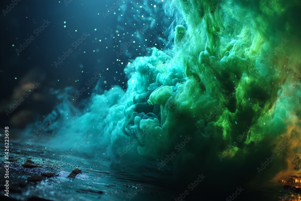 Aufkleber Creative display of green and teal smoke swirling in an artistic presentation during a nighttime event