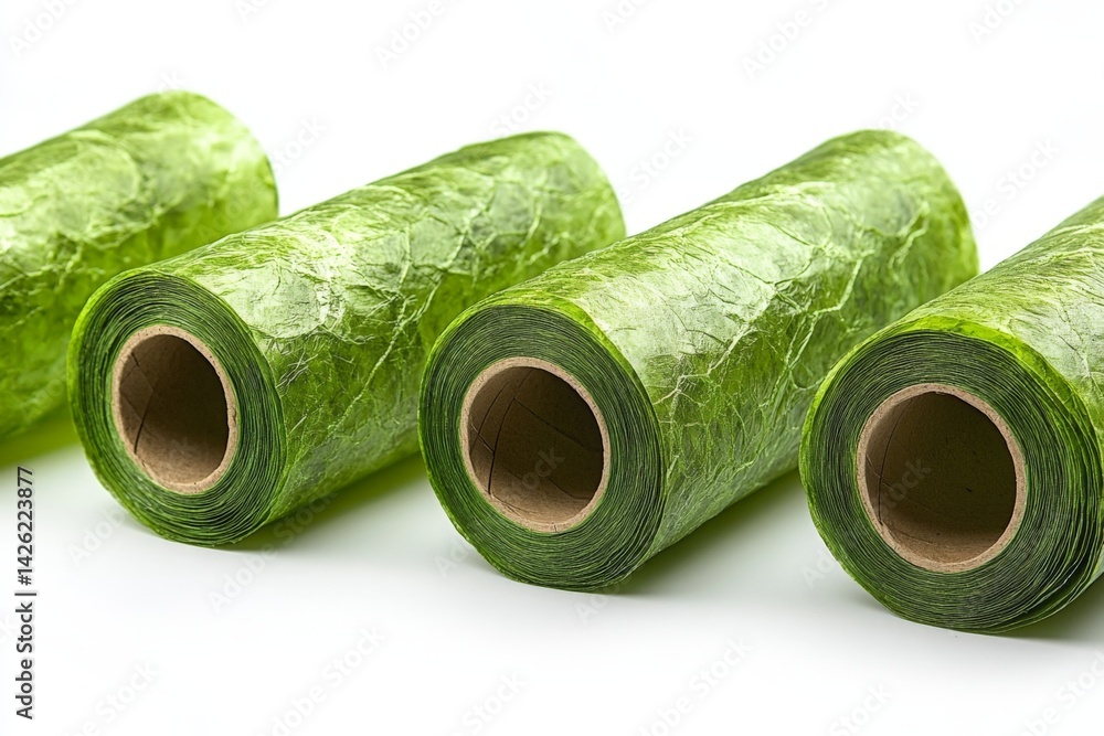 Poster fresh green produce wrapped in rolls displayed on a white surface for culinary use