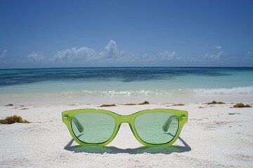 Bright green sunglasses resting on sandy beach with clear turquoise water in the background under a sunny sky