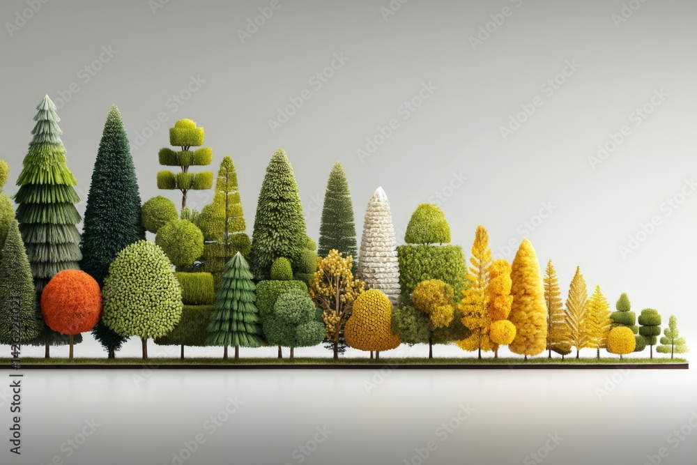 Poster diverse collection of stylized trees arranged in a colorful landscape setting for artistic display