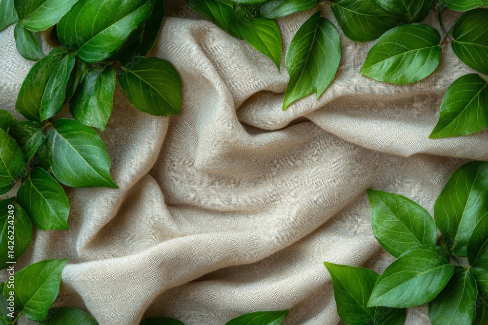 Poster green leaves arranged around a soft beige fabric background in an indoor setting during daylight hou