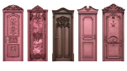 Ornate vintage rococo chateau doors collection with carved pink and brown wooden panels transparent png.