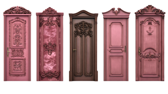 Ornate vintage rococo chateau doors collection with carved pink and brown wooden panels transparent png.