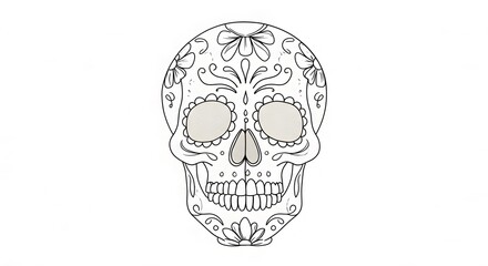 Stylized Sugar Skull Illustration with Floral Details on White Background