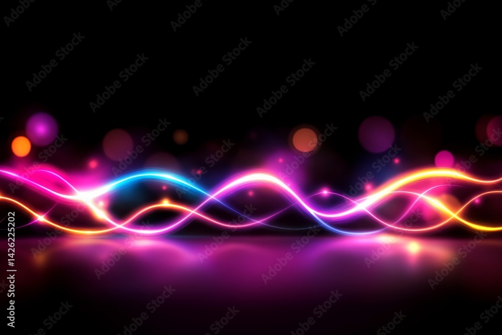 Poster Vibrant wave pattern in neon colors creates a sense of movement, enhanced by scattered bokeh lights that symbolize dynamic data flow in a digital landscape