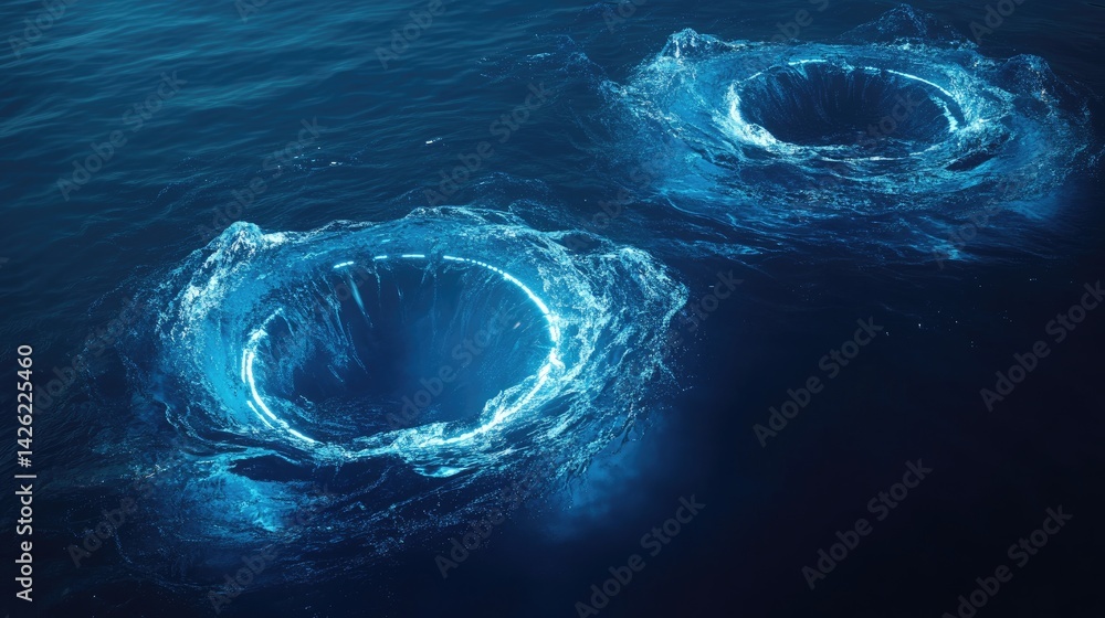 Poster High-tech liquid rings forming dynamic ripple effects on deep blue water, with glowing edges creating an abstract futuristic visual.