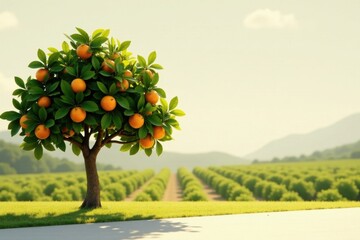 Fototapeta premium A single fruitful orange tree stands proudly in a vast orchard, bathed in the warm glow of sunlight, a picturesque scene of agricultural abundance.