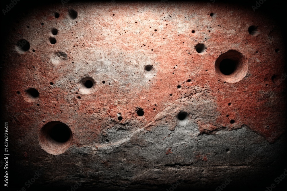 Aufkleber rugged textural surface with circular holes and painted colors in a dimly lit environment