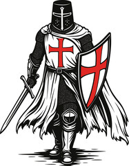 Templar Knight Vector Illustration – Hand-Drawn Style Medieval Crusader with Sword and Shield, White Cloak and Red Cross, Heroic Historical Warrior for T-Shirt, Poster or Tattoo Design