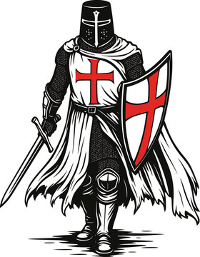 Templar Knight Vector Illustration &ndash; Hand-Drawn Style Medieval Crusader with Sword and Shield, White Cloak and Red Cross, Heroic Historical Warrior for T-Shirt, Poster or Tattoo Design