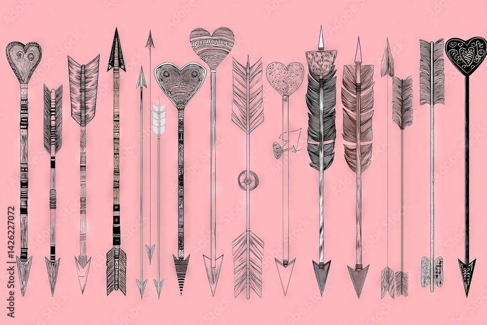 Aufkleber decorative arrows with various styles and patterns in black and white on a pink background showcasin