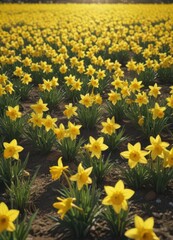 Sunlit daffodil field, vibrant yellow blooms, spring scene, golden, bloom, day