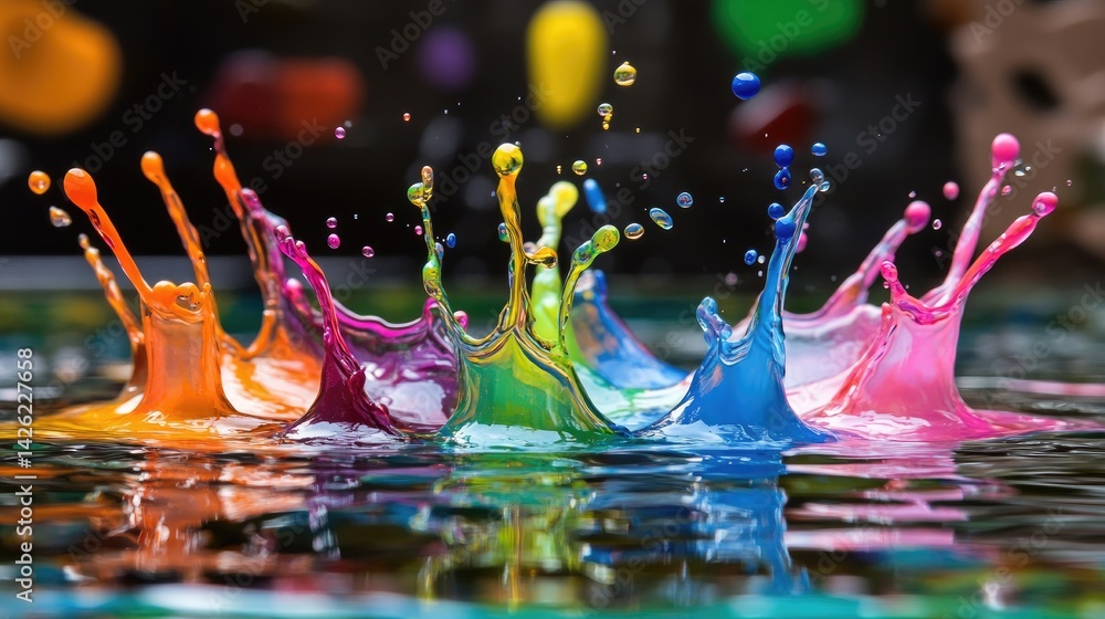 Poster Paint splashes suspended in water, forming swirling, vibrant patterns that explode in color, creating a mesmerizing and artistic scene