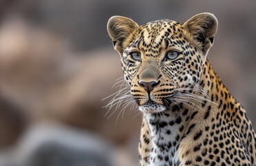 Naklejka premium Leopard portrait, African savanna, watchful gaze, blurred background, wildlife photography