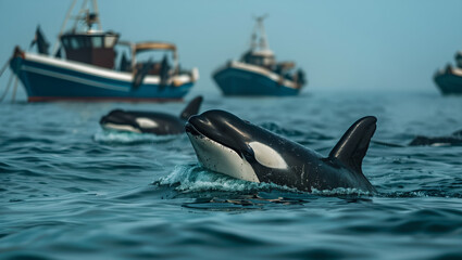 Fototapeta premium Orca Whales Surfacing Near Fishing Boats in the Open Ocean