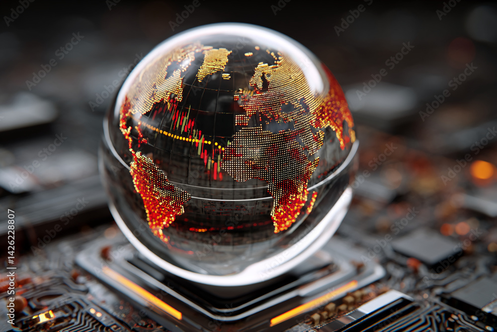 Poster glass globe with illuminated world map on circuit board, showcasing global connectivity and technolo