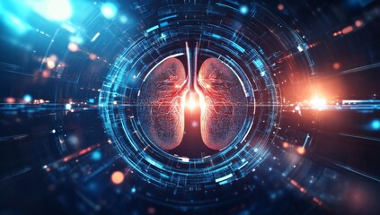 Obraz premium A futuristic medical interface displays human lungs aglow in blue, accompanied by an interactive data overlay and set against a high-tech background replete with digital elements