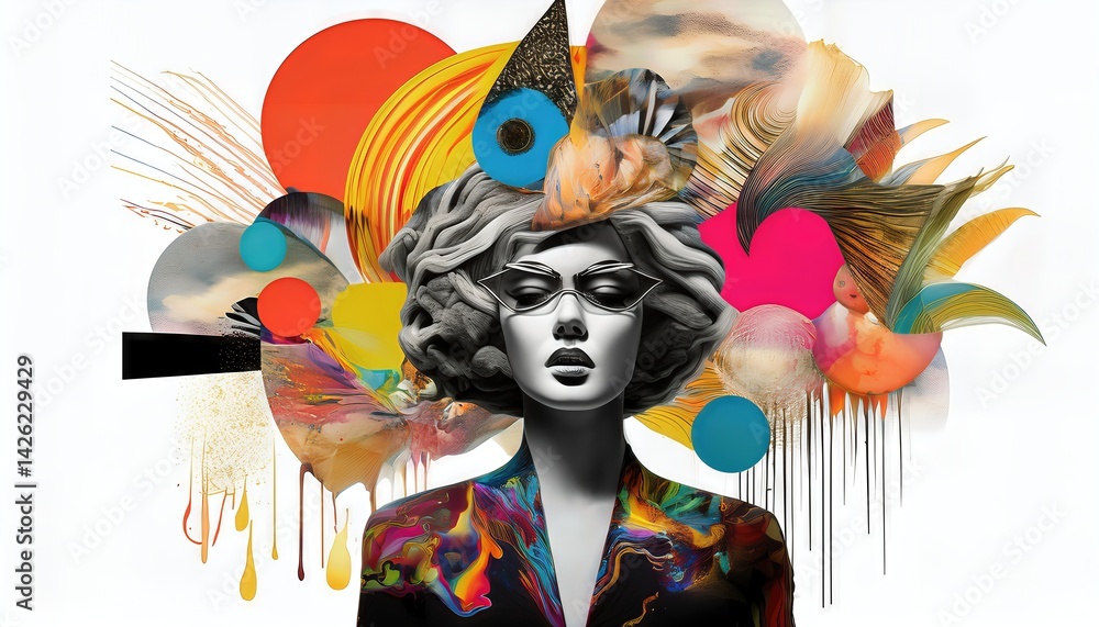 Poster surrealistic collage art expression abstract swirls of color in a transparent background reveal a fa