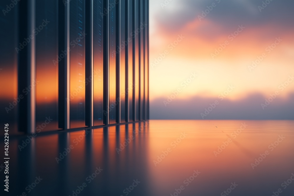 Poster A modern data center showcases a row of server racks emitting a soft blue glow, complemented by subtle reflections on a polished floor during sunset