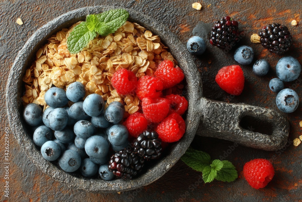 Aufkleber delicious bowl of oats topped with fresh berries and mint on rustic background