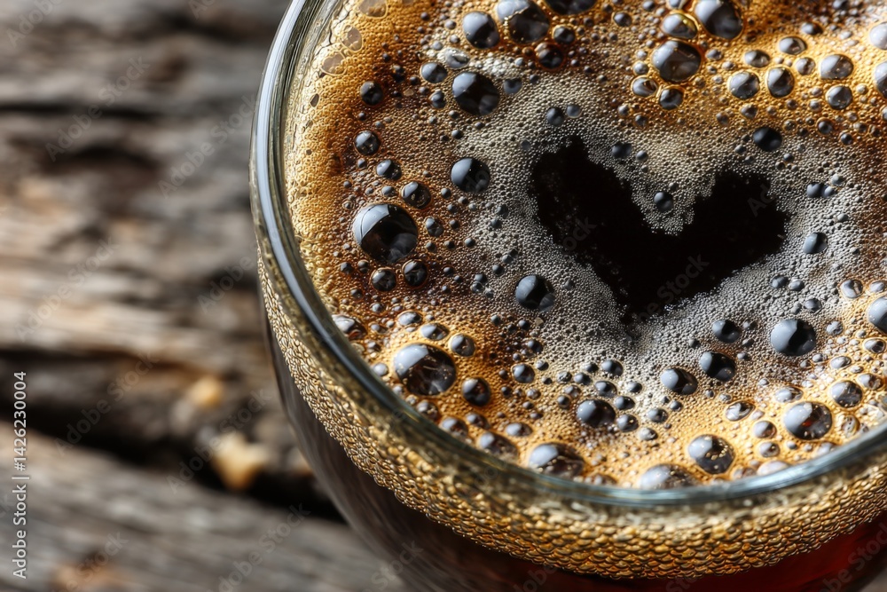 Poster heart-shaped foam forms in dark beer served in a rustic wooden setting during a casual gathering in 