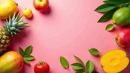 A vibrant array of fresh tropical and orchard fruits arranged artistically on a pink background, showcasing their natural beauty and diverse colors
