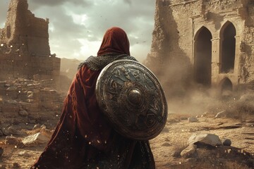 A lone warrior, shrouded in crimson, stands amidst the ruins of a forgotten kingdom.