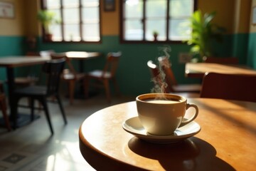 Fototapeta premium Aromatic coffee steam rises from a warm mug, bathed in sunlight on a cafe table; the inviting ambiance of a relaxed caf? setting is depicted