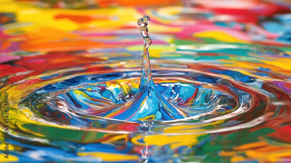 Poster Vibrant paint splashes suspended in water, creating mesmerizing swirling patterns in a beautiful explosion of color, perfect for abstract and dynamic visuals.
