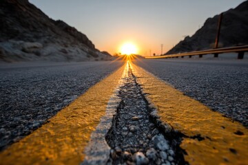 Sunrise over the open road highlights cracked pavement and yellow lines near rocky terrain in a tranquil morning setting
