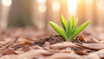 Young sprout emerging from soil, bathed in sunlight