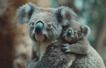 Obraz premium Koala mother and joey cuddling in eucalyptus forest