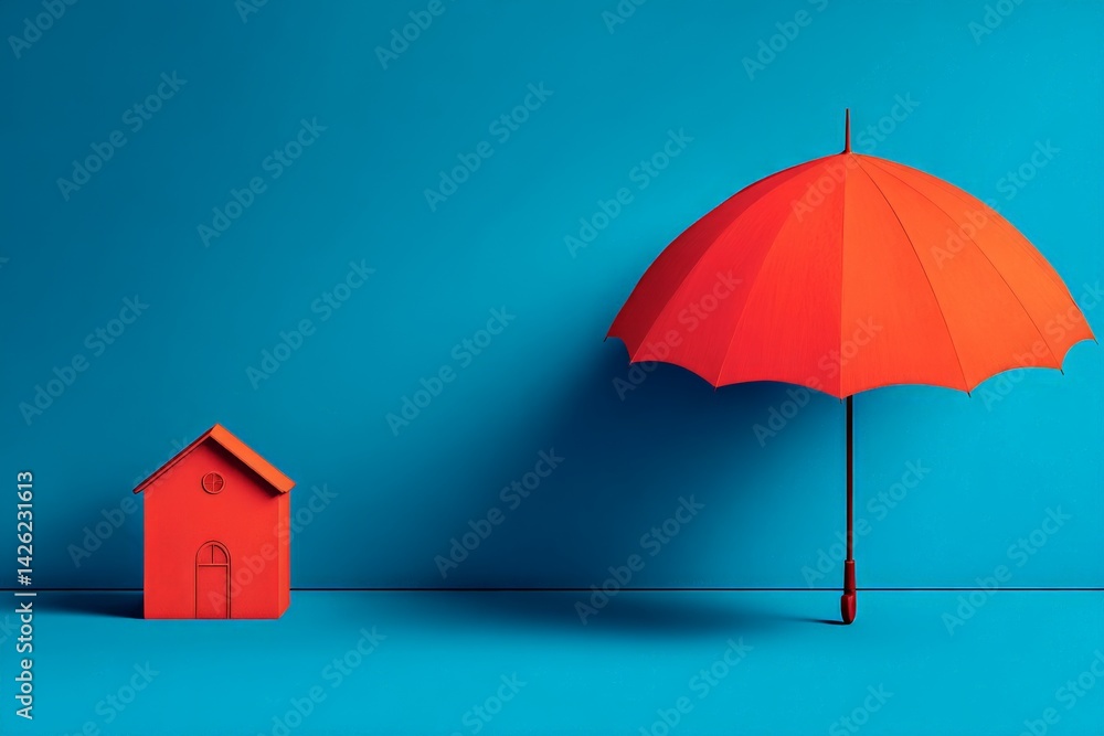 Poster bright red umbrella and small house on a vibrant blue background create a playful contrast in design