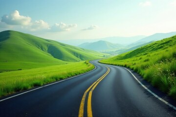 Fototapeta premium Asphalt ribbon unwinding through vibrant green hills under a tranquil sky, promising adventure and scenic beauty on an open road journey