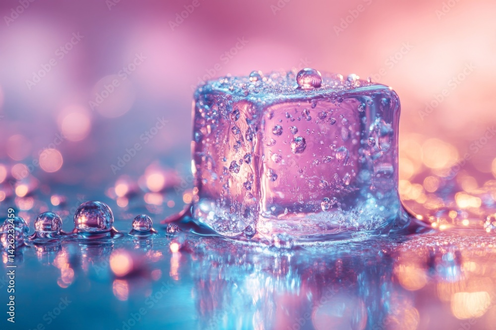 Aufkleber Ice cube surrounded by droplets on a colorful surface during evening light in a creative artistic setting