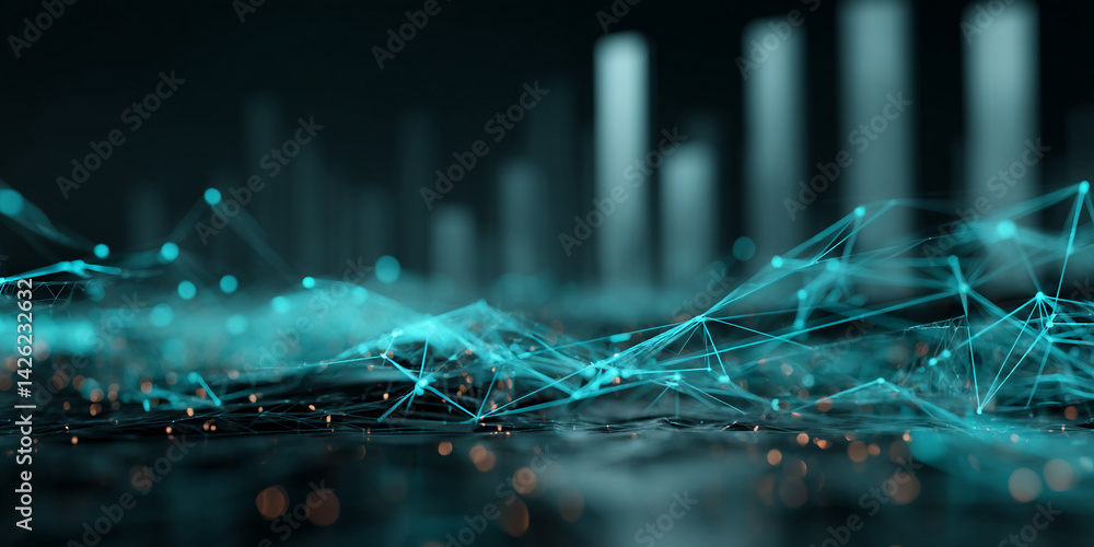 Poster abstract image of teal network lines and glowing particles against a dark background, suggesting con