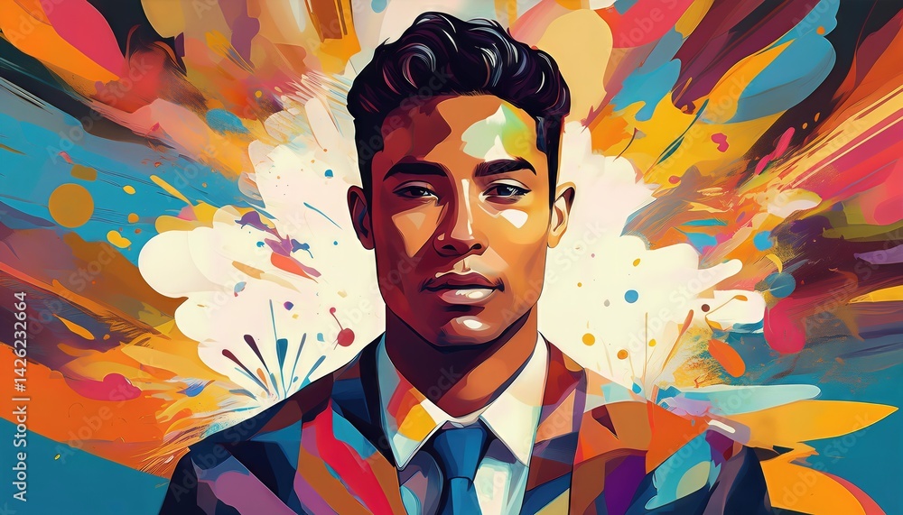 Poster vibrant abstract portrait of a man amidst swirling colors and textures, evoking emotional intensity 