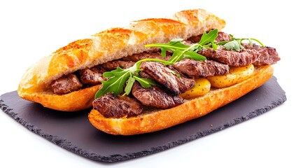 Grilled steak and arugula baguette sandwiches on slate