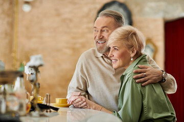 Mature couple enjoying a romantic coffee date in a cozy cafe