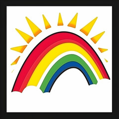 Colorful rainbow arc with sunburst, against white background, perfect for children's books or educational materials