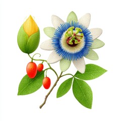 Detailed Botanical Illustration of Passionflower with Berries and Bud