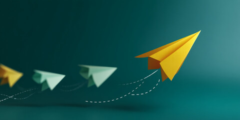 Yellow paper airplane leading others, teal background, symbolizing leadership, progress, innovation, and success in business or competition