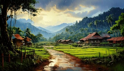 Fototapeta premium illustration A tropical village atmosphere with traditional wooden houses