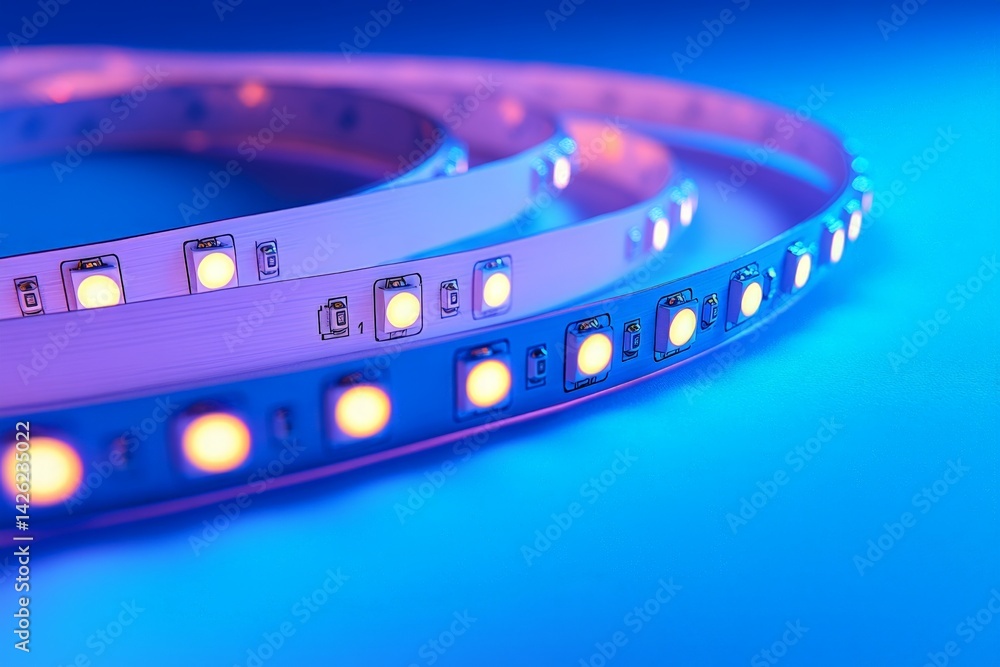 Aufkleber Colorful LED light strips illuminated against a blue backdrop create a vibrant visual display in a modern setting