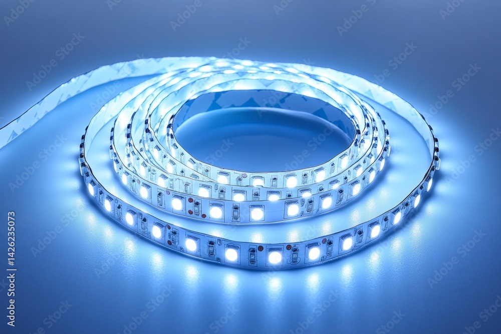 Poster flexible led light strip coiled on a surface with a soft blue glow in a dimly lit environment