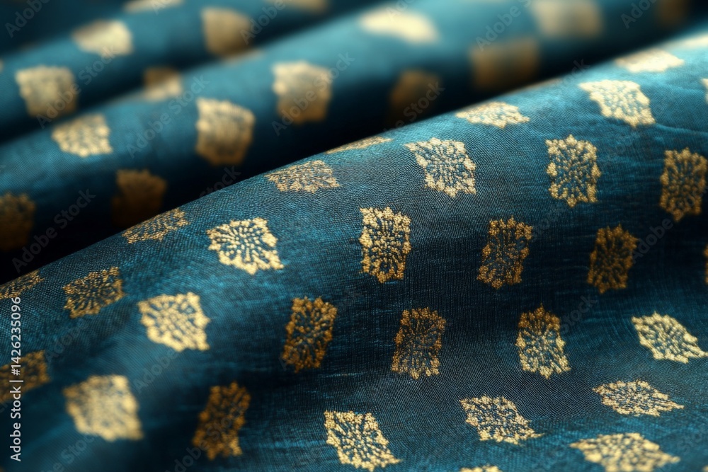 Fototapete richly patterned fabric featuring gold designs on a deep teal background makes for an elegant textil