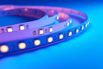 Colorful LED light strips illuminated against a blue backdrop create a vibrant visual display in a modern setting