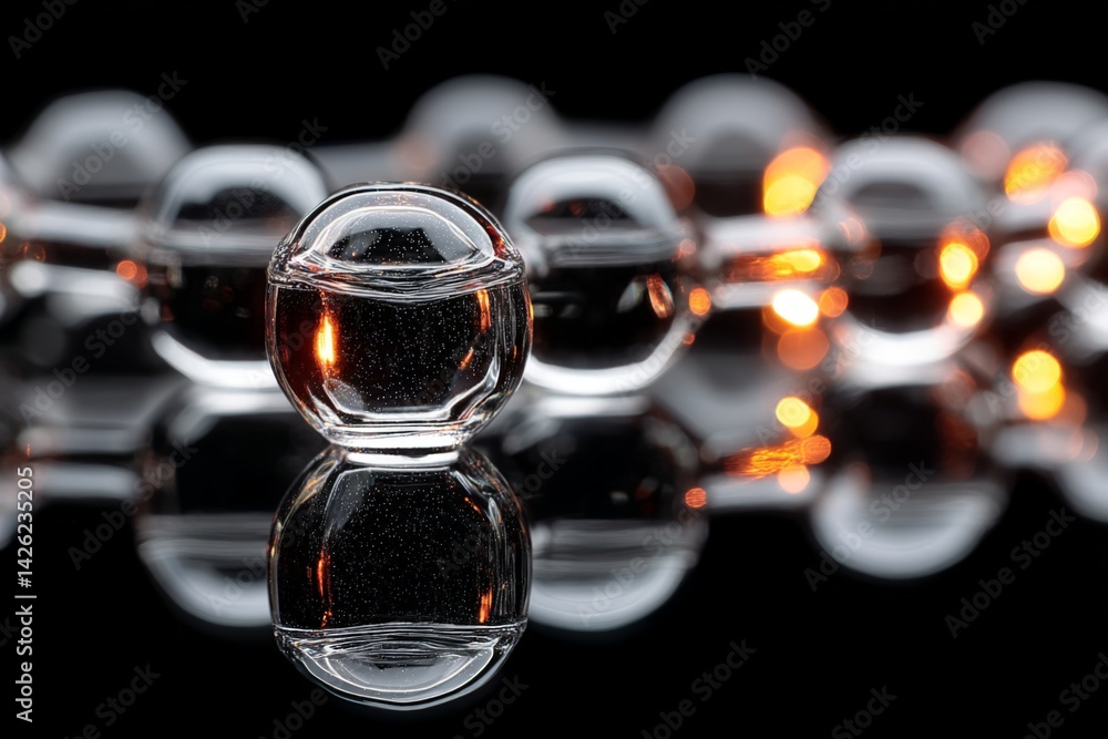 Leinwandbilder clear glass orbs illuminated by warm lights on a reflective surface creating an artistic display at 