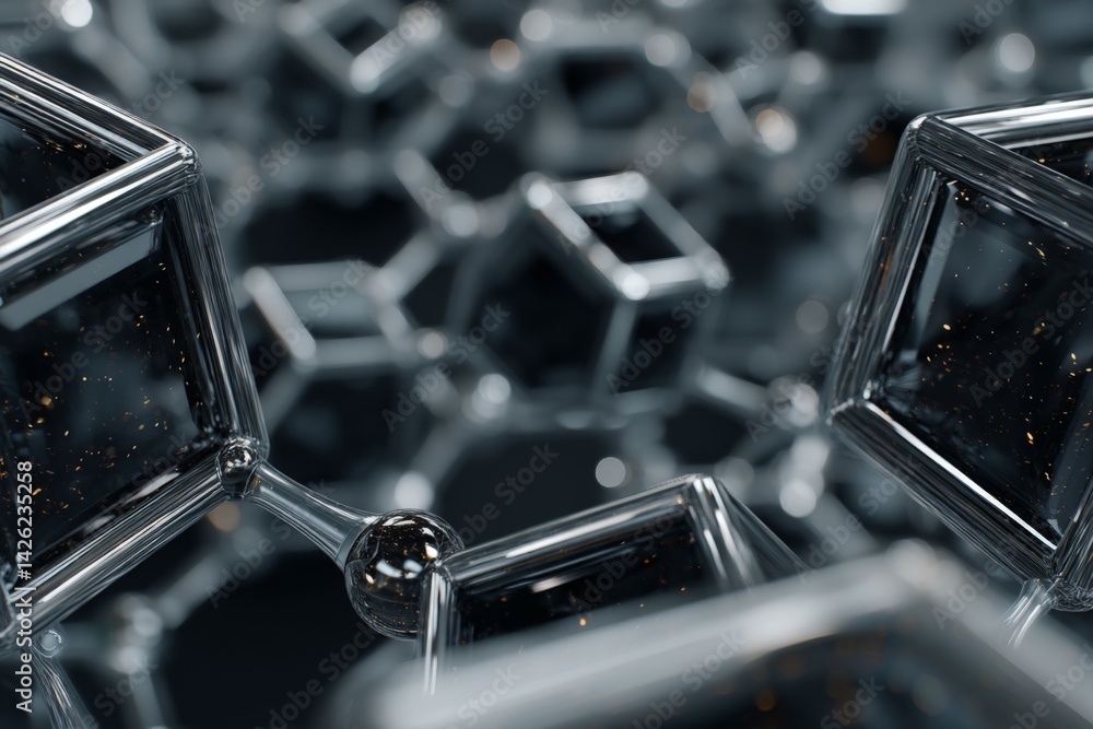 Poster Complex structure of interconnected transparent cubes representing molecular architecture with dark background