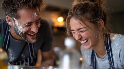 Joyful Couple Baking Together in Kitchen, Laughter and Happiness, Messy Flour on Faces, Warm Home Atmosphere